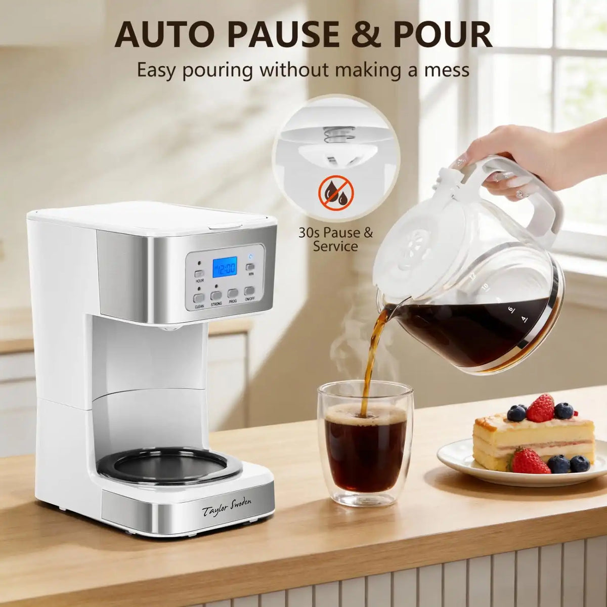 Taylor Swoden 12-Cup Programmable Coffee Maker, White & Stainless Steel
