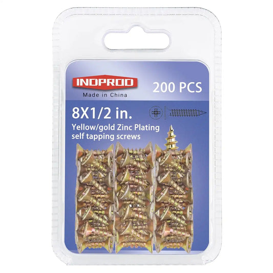 200pcs Flat Head Phillips Wood Screws #8 × 1/2", Yellow Zinc Plated Carbon Steel Sheet Metal Screws, High Strength Self Tapping Screws for Metal Plastic & Wood, Self Drilling, 8 × 1/2-Inch