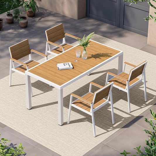 Vexwalx Outdoor Dining Set, Aluminum Dining Table Set for 4, Patio Table and Chairs Set with Umbrella Hole, All Weather HDPS Outdoor Table and Chairs for 4 (5-Piece, White-Teak)