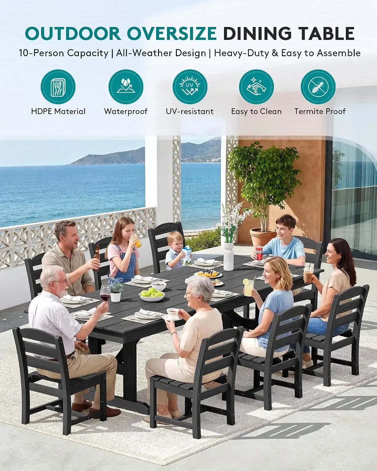 SERWALL 9Pcs 84" HDPE Outdoor Dining Set for 8 with Armless Chairs,Black