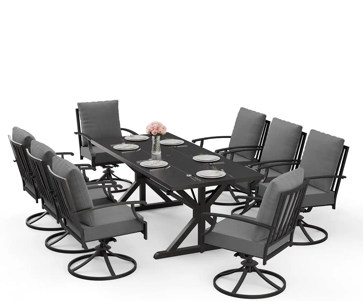 ALAULM 9-Piece Patio Dining Set, Outdoor Metal Dining Set with 8 Swivel Chairs & Rectangle Table with 1.5 Umbrella Hole, Patio Dining Table and Chairs for Backyard, Grey