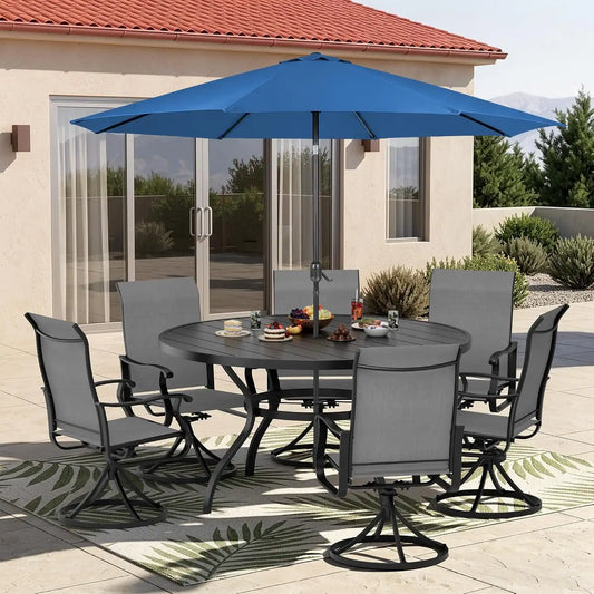 SUNCROWN 8-Piece Outdoor Dining Set, All Weather Patio Furniture Sets with 6 Dark Gray Swivel Textilene Mesh Chairs & Round Metal Table & 1 Dark Blue 9Ft Umbrella for Deck Garden Backyard Poolside