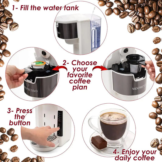Mixpresso White Single Serve Coffee Brewer K-Cup Pods Compatible & Ground