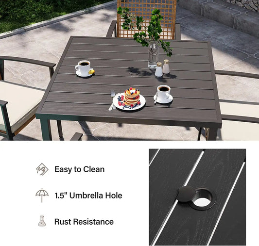 LAUSAINT HOME 5 Pieces Outdoor Patio Dining Set, Wicker Patio Furniture Set of 4 Chairs with Soft Cushion and Square Table with Umbrella Hole, Conversation Set for Backyard, Garden and Poolside