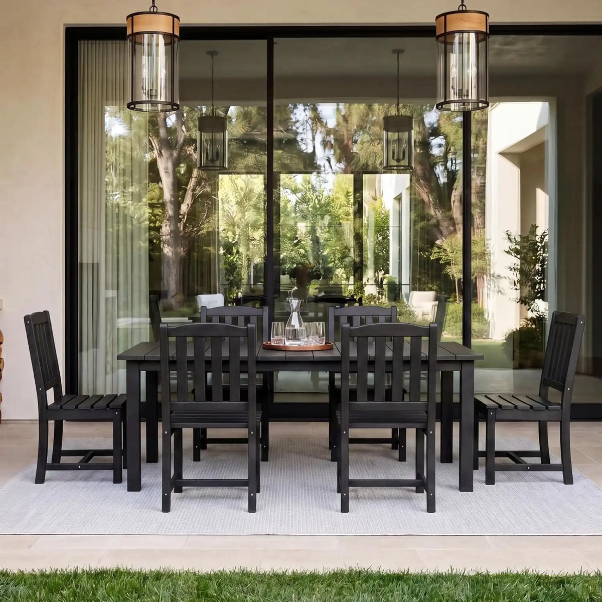 Perli™ 7-Piece Outdoor Dining Set, All-Weather HDPE Patio Table and 6 Chairs with Umbrella Hole, UV-Resistant Composite Wood Dining Furniture for Deck, Backyard, Poolside, Black