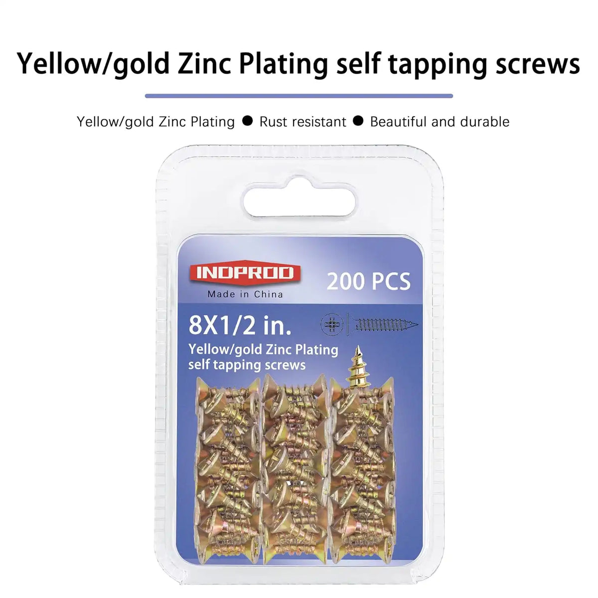 200pcs Flat Head Phillips Wood Screws #8 × 1/2", Yellow Zinc Plated Carbon Steel Sheet Metal Screws, High Strength Self Tapping Screws for Metal Plastic & Wood, Self Drilling, 8 × 1/2-Inch