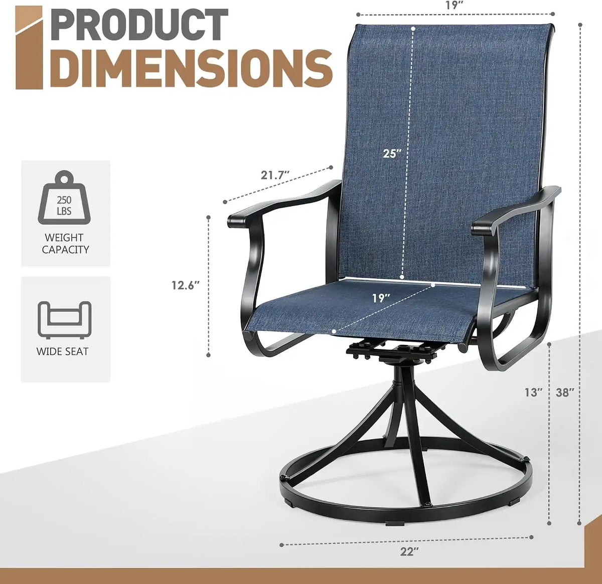 SUNCROWN Patio Swivel Rocker Dining Chairs Set of 2, All Weather High Back Textilene Outdoor Chairs with Sturdy Metal Frame, Swivel Rocking Patio Chairs for Backyard Lawn Garden Porch Deck, Blue