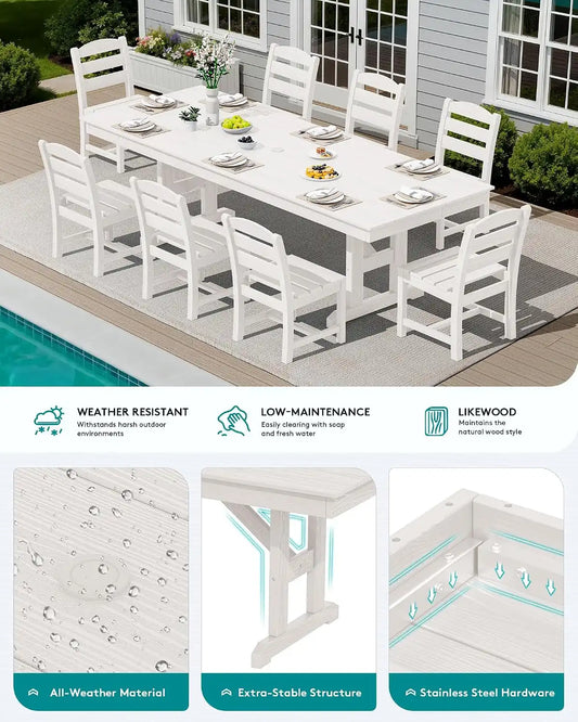SERWALL 9Pcs 84" HDPE Outdoor Dining Set for 8 with Armless Chairs,White