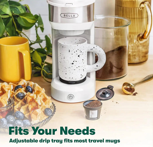 BELLA Dual Brew Single Serve Coffee Maker, K-cup Compatible with Ground Coffee Basket & Adapter - Carefree Auto Shut Off & Adjustable Tray, 14oz, White
