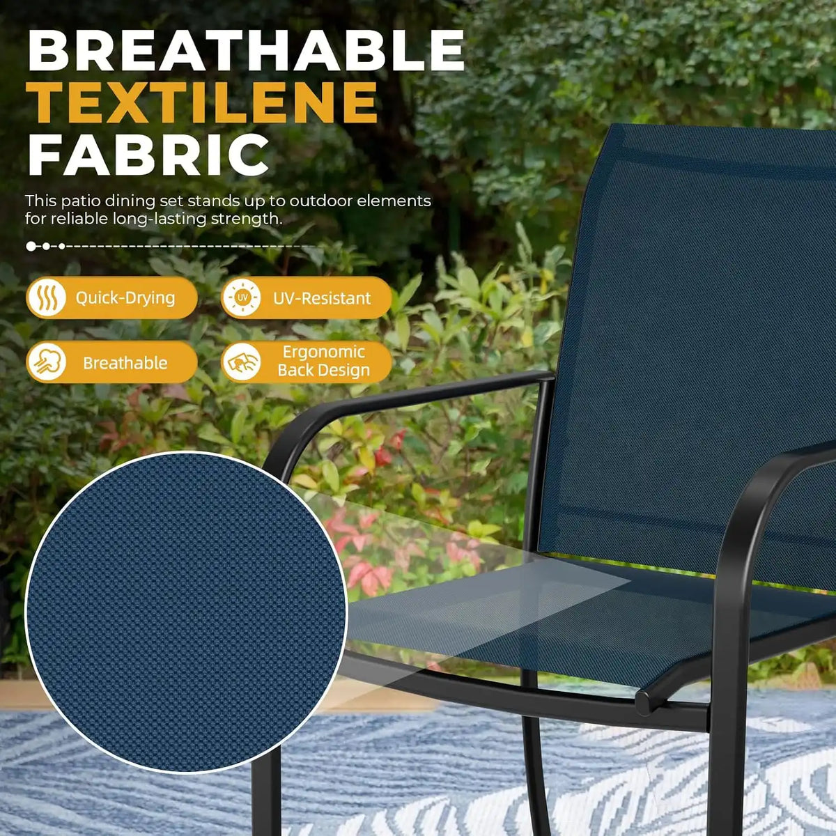 SUNCROWN 6 - Piece Outdoor Dining Set, Patio Furniture Set with 4 Textilene Dinning Chairs, 41" Metal Round Table and 1 Dark Blue 9Ft Patio Umbrella for Lawn Garden Backyard Deck, Blue