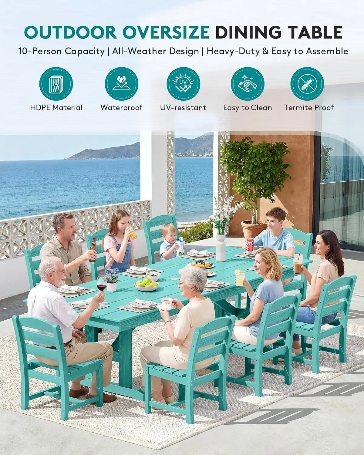 SERWALL 9Pcs 84" HDPE Outdoor Dining Set for 8 with Armless Chairs,Aruba
