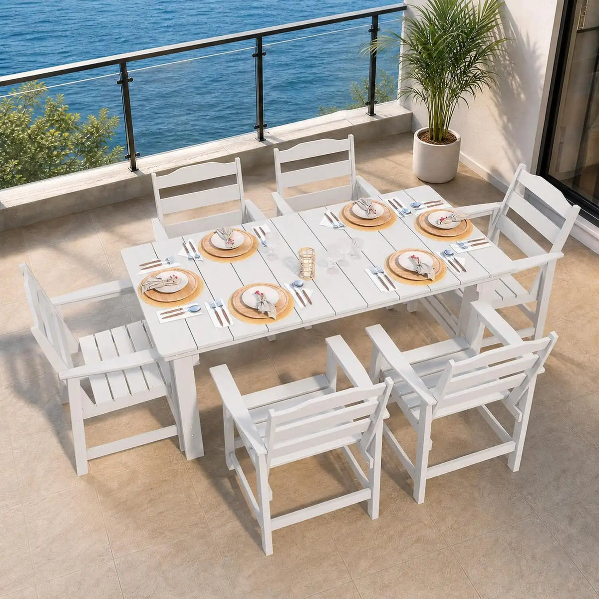 THOEOE 7 Pieces Outdoor Table and Chairs, 70" HDPE Dining Set for 6, White