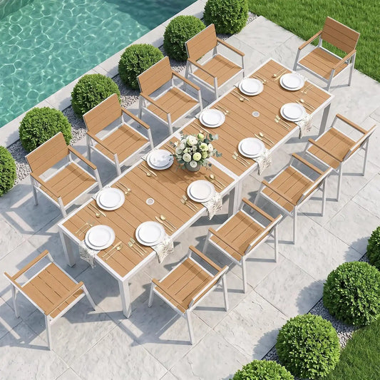 Vexwalx 12 Pcs Outdoor Dining Set, 67" HDPS Dining Set for 10, White-Teak