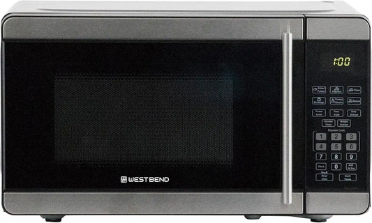 West Bend Microwave Oven 700-Watts Countertop Footprint with 6 Pre Cooking Settings, Speed Defrost, Electronic Control Panel and Glass Turntable Perfect for Small Spaces, 0.7-Cu.Ft., Stainless Steel