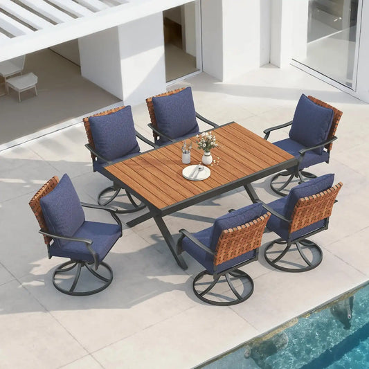 Grand patio 7-Pc Outdoor Swivel Dining Set, 6 Blue Chairs + Table, Brown