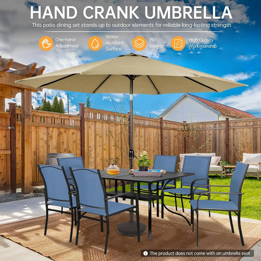 SUNCROWN 8 - Piece Outdoor Dining Set, Patio Furniture Set with 6 Textilene Dinning Chairs, 1 Rectangle Metal Table and 1 Brown 9Ft Patio Umbrella for Lawn Garden Backyard Deck, Blue