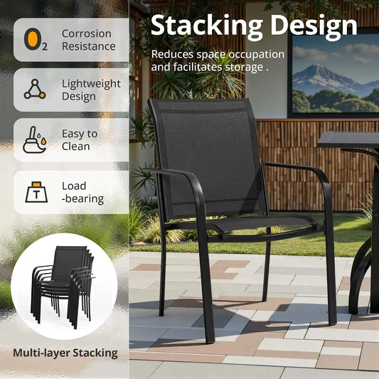 SUNCROWN 6 - Piece Outdoor Dining Set, Patio Furniture Set with 4 Textilene Dinning Chairs, 41" Metal Round Table and 1 Brown 9Ft Patio Umbrella for Lawn Garden Backyard Deck, Black
