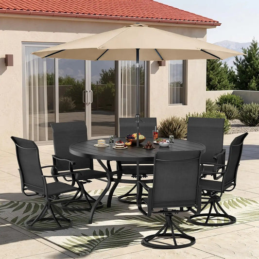 SUNCROWN 8-Piece Outdoor Dining Set, All Weather Patio Furniture Sets with 6 Black Swivel Textilene Mesh Chairs & Round Metal Table & 1 Brown 9Ft Umbrella for Deck Garden Backyard Poolside