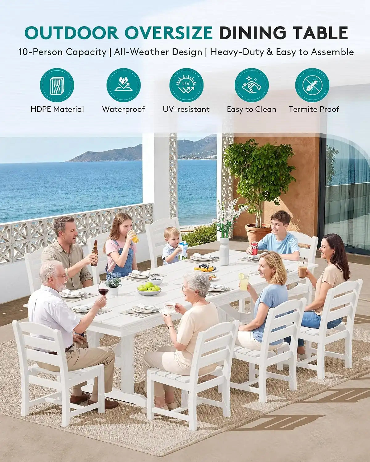 SERWALL 9Pcs 84" HDPE Outdoor Dining Set for 8 with Armless Chairs,White