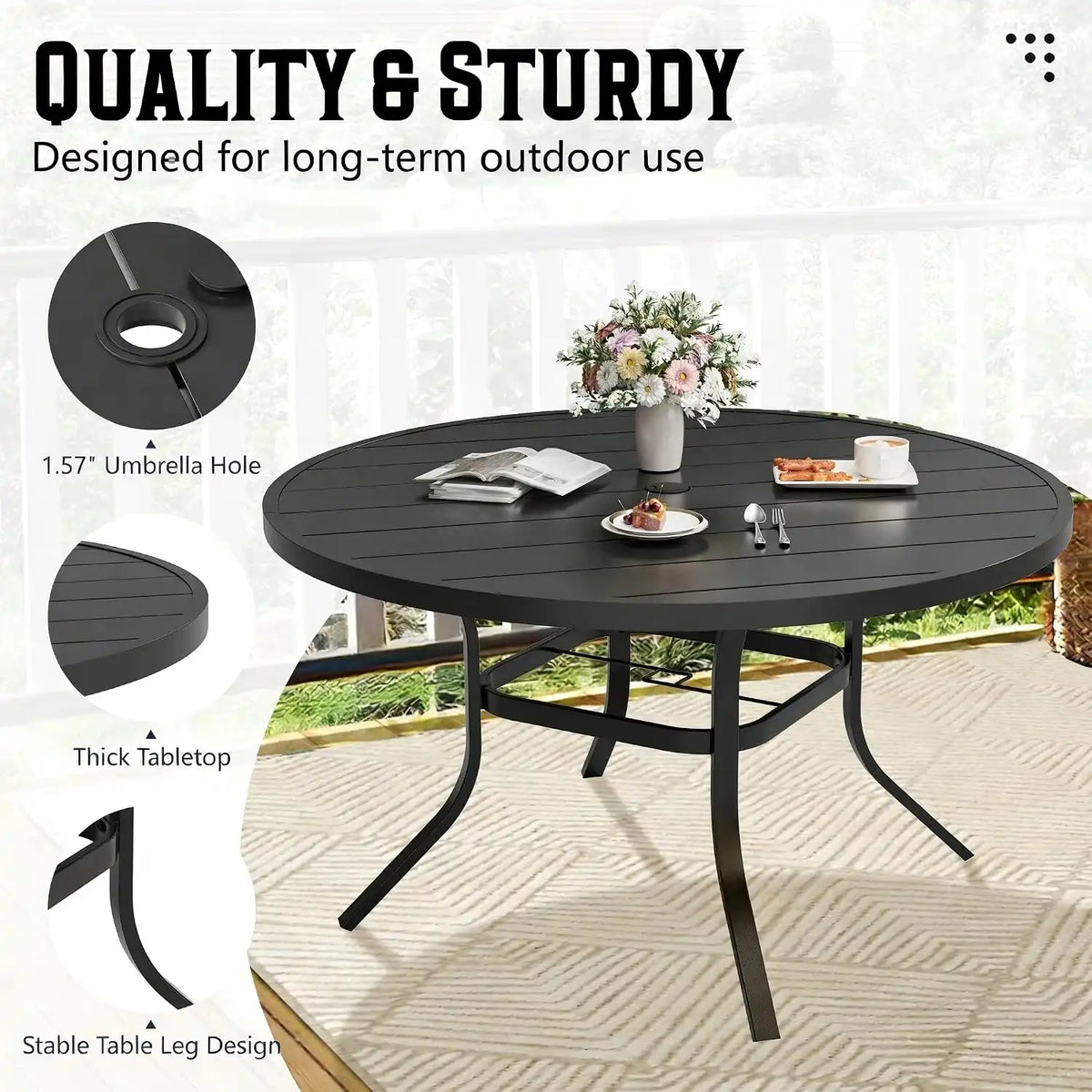 SUNCROWN 8 - Piece Outdoor Dining Set, Patio Furniture Set with 6 Textilene Dinning Chairs, 53" Metal Round Table and 1 Sky Blue 9Ft Patio Umbrella for Lawn Garden Backyard Deck, Brown