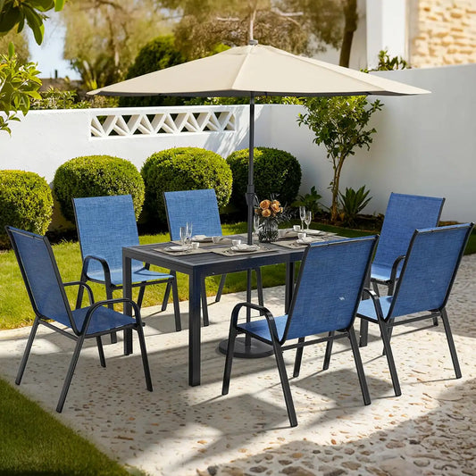 Pamapic Outdoor Dining Sets for 6, Rectangular Steel Slat Table with 6 Textilene Chairs, 7 Piece Patio Table and Chairs Set with Umbrella Hole for Patio, Backyard, Poolside (Blue, No Umbrella)