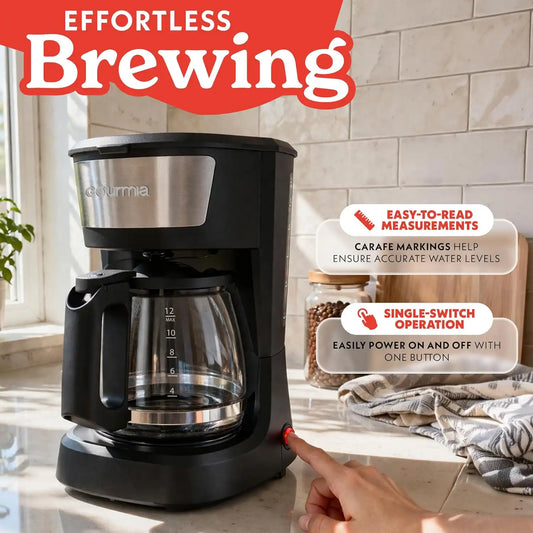 Gourmia Drip Coffee Maker - 12-Cup Capacity, Glass Carafe, Black