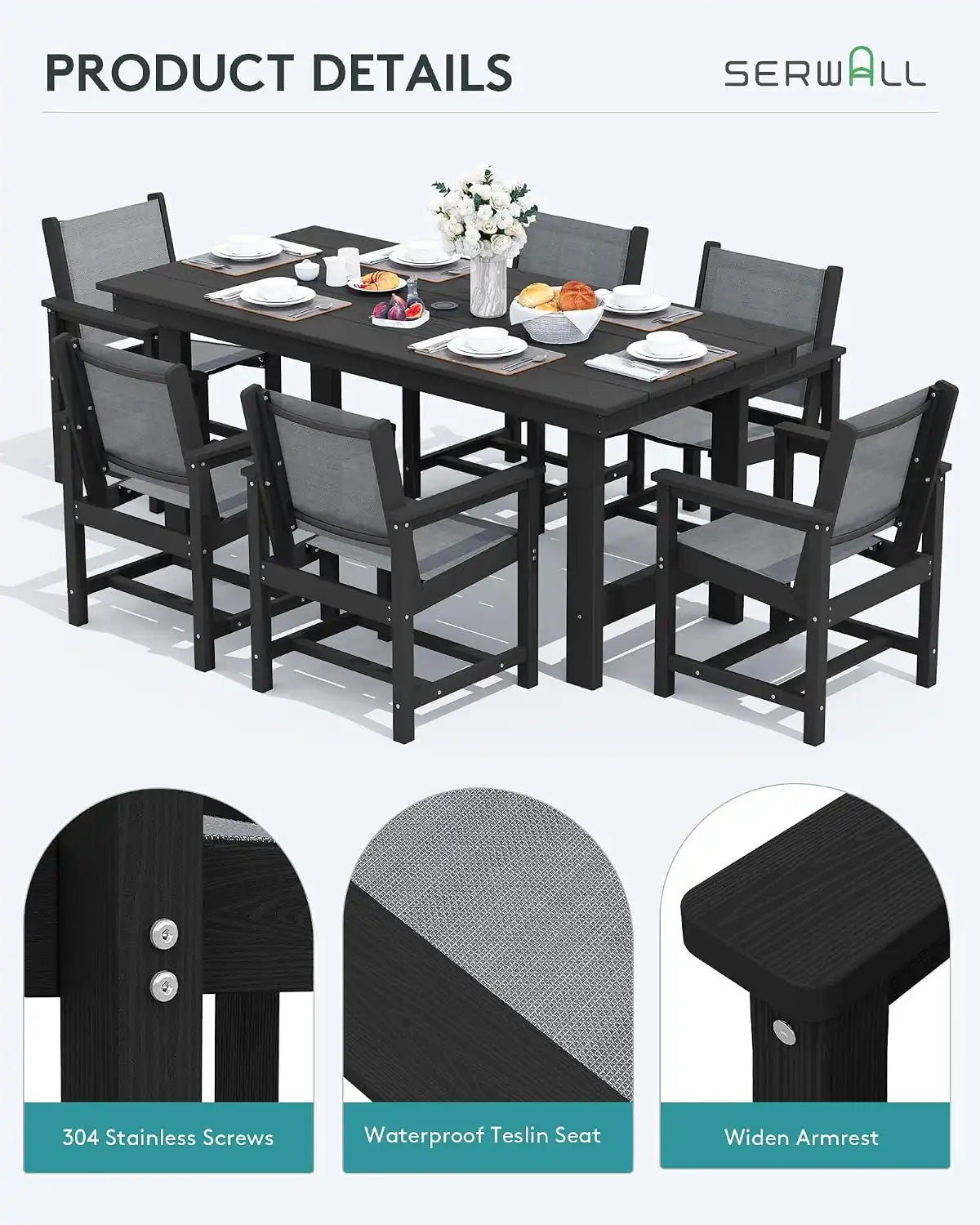 SERWALL 5 Pcs HDPE Patio Dining Set, HDPE Dining Set for 4, Black