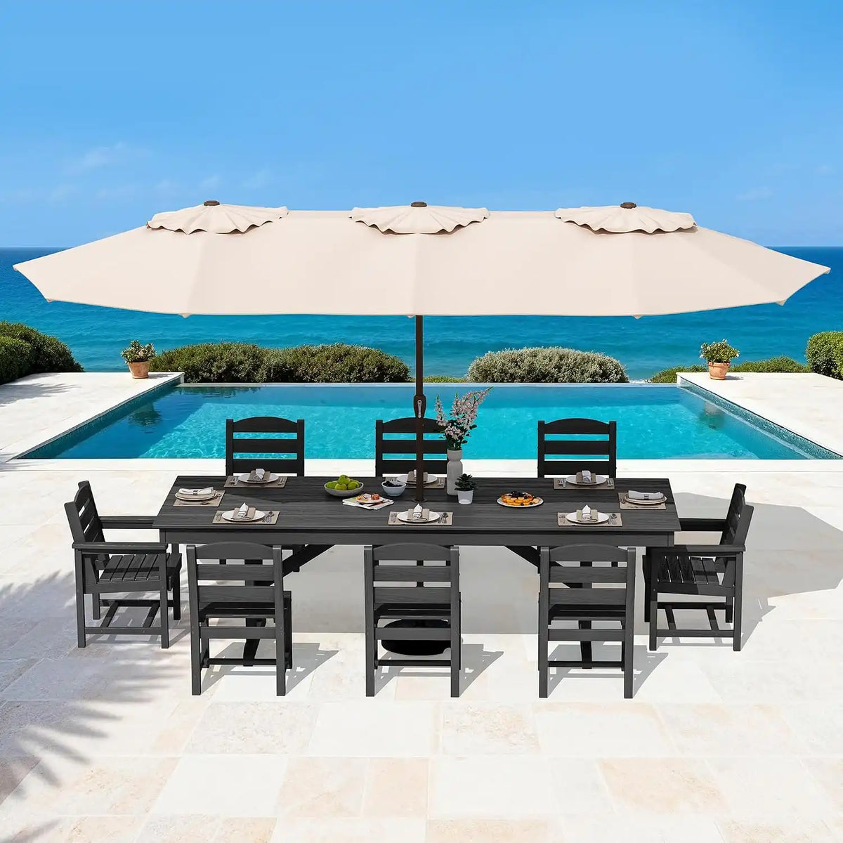 SERWALL 9Pcs HDPE Outdoor Dining Set w/6 Armless, 2 Armchairs for 8,Black