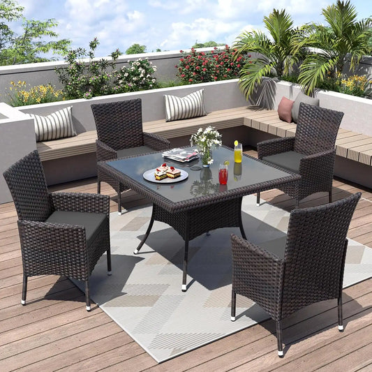 ALAULM 5 Piece Patio Dining Set All-Weather Wicker Outdoor Furniture Set w/Tempered Glass Tabletop, Removable Cushions and Umbrella Hole for Patio, Backyard, Garden, Poolside(Grey)