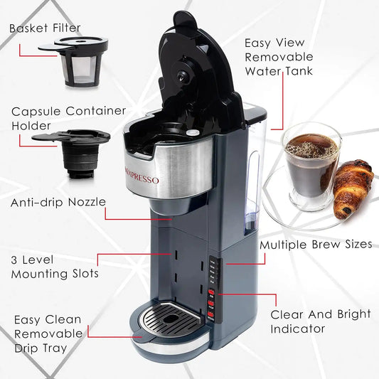Mixpresso Gray Single Serve Coffee Brewer K-Cup Pods Compatible & Ground