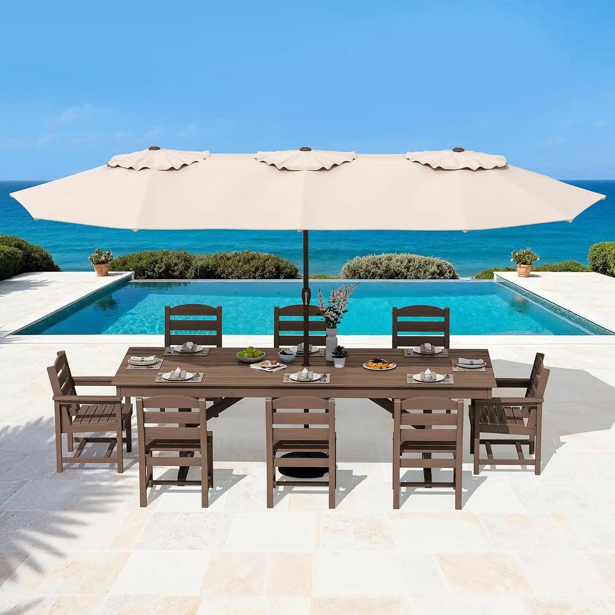SERWALL 9Pcs HDPE Outdoor Dining Set w/6 Armless, 2 Armchairs for 8,Brown