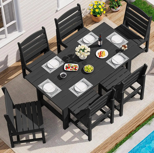 SERWALL Armless Outdoor Dining Set, Patio Dining Set for 6, Black
