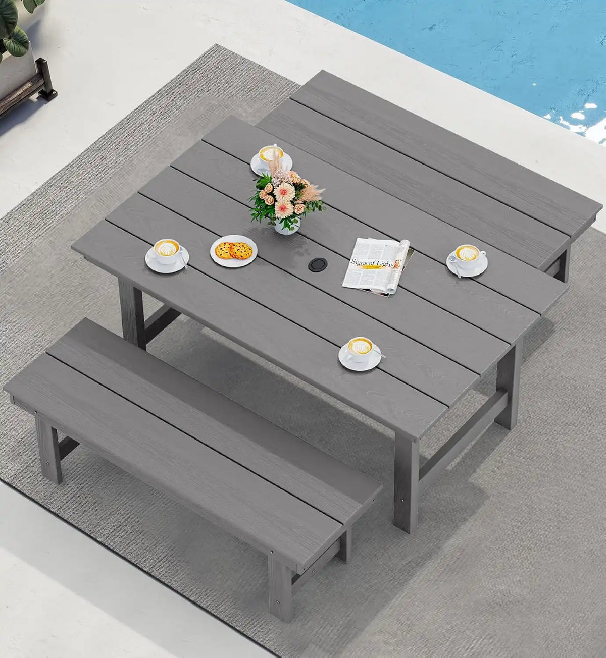 SERWALL Outdoor Dining Set, Patio Dining Set with Bench, Gray