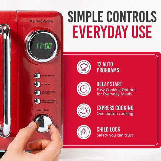 Nostalgia Retro Compact Countertop Microwave Oven - 0.7 Cu. Ft. - 700-Watts with LED Digital Display - Child Lock - Easy Clean Interior - Red