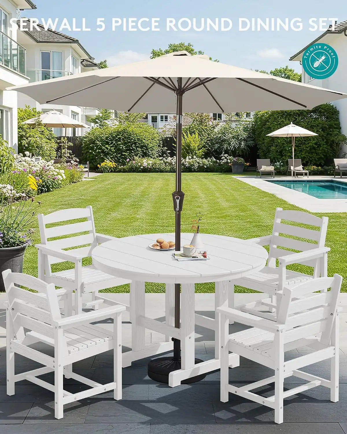 SERWALL 6-Pc Dining Set, 45" Table, 4 Chairs&9FT Umbrella, White (No Base)