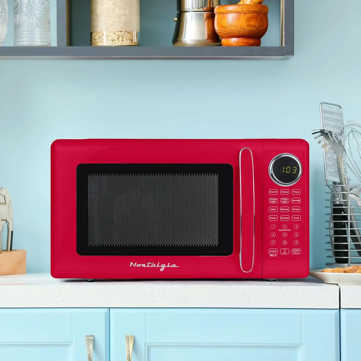 Nostalgia Modern Retro Compact Countertop Microwave Oven - 0.7 Cu. Ft. - 700-Watts with LED Digital Display - Child Lock - Easy Clean Interior - Red