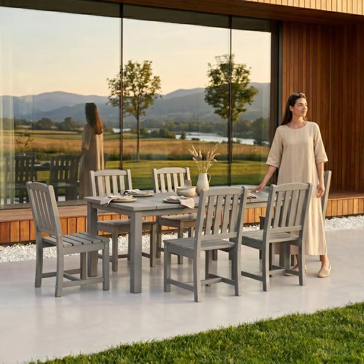 Perli™ 7-Piece Outdoor Dining Set, All-Weather HDPE Patio Table and 6 Chairs with Umbrella Hole, UV-Resistant Composite Wood Dining Furniture for Deck, Backyard, Poolside, Grey