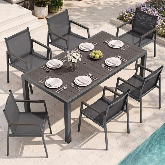 Outdoor Dining Set, 7 Piece Aluminum Patio Table and Chairs Set, All Weather Patio Dining Furniture Set with Umbrella Hole for Backyard, Deck, Poolside (Charcoal)