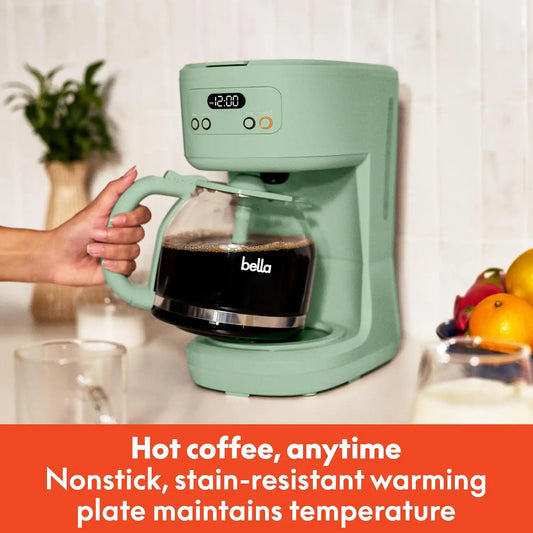 BELLA 12 Cup Programmable Coffee Maker, Reusable Dishwasher Safe Accessories, Easy LCD display, Auto Shutoff, 900 watt, Seaglass