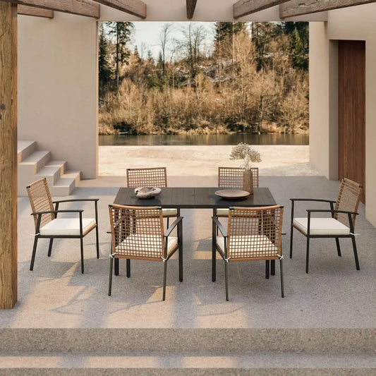 LAUSAINT HOME 7 Pieces Patio Dining Set, Outdoor Furniture Set of 6 Chairs with Soft Cushion and Iron Slats Table Top with Umbrella Hole, Conversation Set for Backyard, Garden and Poolside