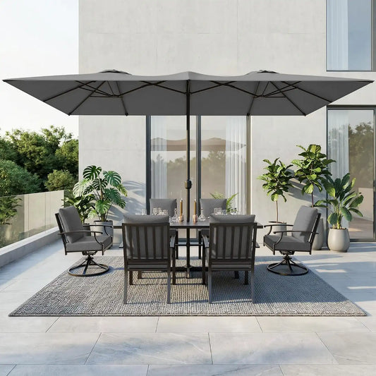 8 PCS Outdoor Patio Dining Set with 13.6ft Double-Sided Patio Umbrella,Patio Table and Chairs Metal Outdoor Patio Furniture Set,Dining Table Set with Swivel Chairs,Grey
