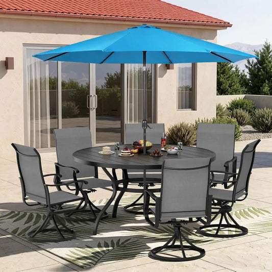 SUNCROWN 8-Piece Outdoor Dining Set, All Weather Patio Furniture Sets with 6 Dark Gray Swivel Textilene Mesh Chairs & Round Metal Table & 1 Light Blue 9Ft Umbrella for Deck Garden Backyard Poolside