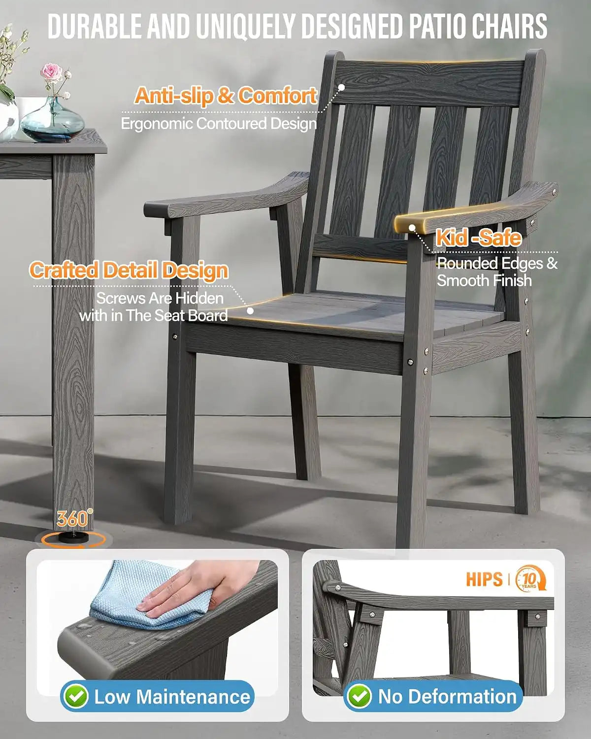 YEFU 5-Piece Patio Table Set, All-Weather HIPS, Metal Aluminum Frame, Gray