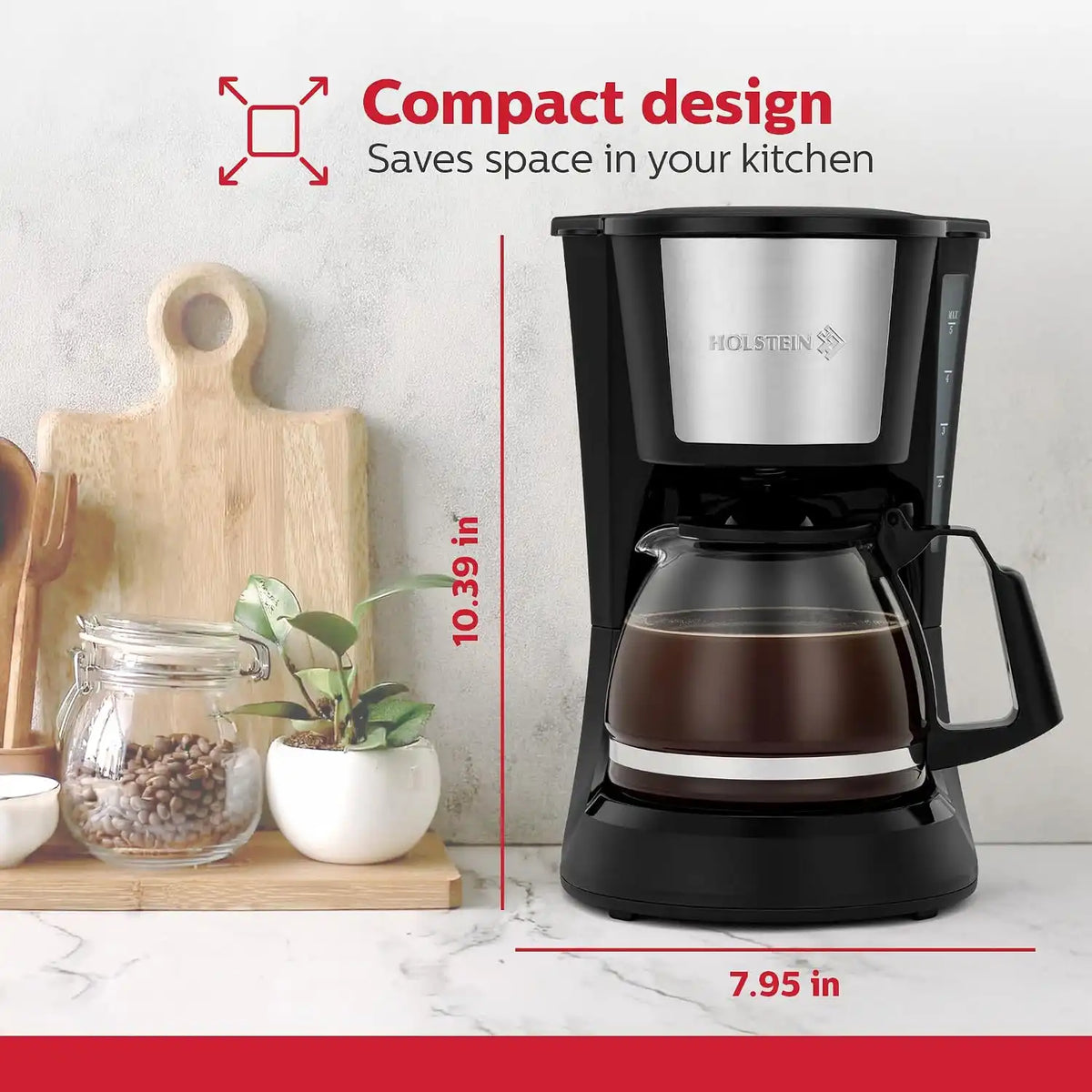 Holstein Housewares - 5 Cup Drip Coffee Maker - Convenient and User Friendly with Permanent Filter, Borosilicate Glass Carafe, Water Level Indicator, Auto Pause/Serve and Keep Warm Functions, Black