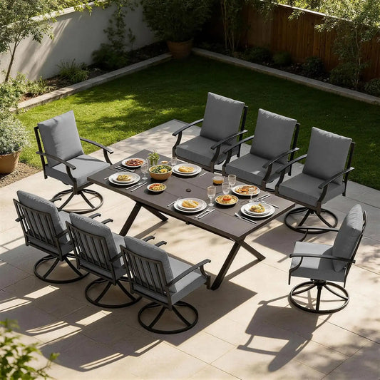 9 PCS Outdoor Patio Dining Set,Patio Table and Chairs Metal Outdoor Patio Furniture Set with Umbrella Hole,Dining Table Set with 8 Swivel Chairs for Deck,Backyard and Garden,Grey