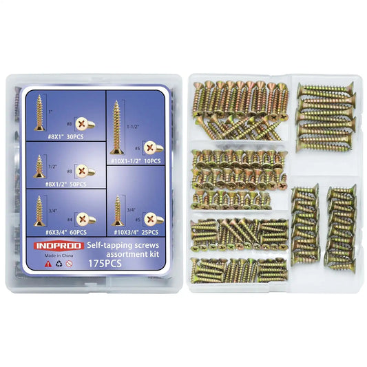 Wood Screws Assortment Kit, 175Pcs, #6#8#10 Self Tapping Screws, Yellow Zinc Plated, Flat Head Phillips Screws Set, Assorted Screws, Screw Assortment, Length 1/2, 3/4, 1, 1-1/2 Inch, Gold