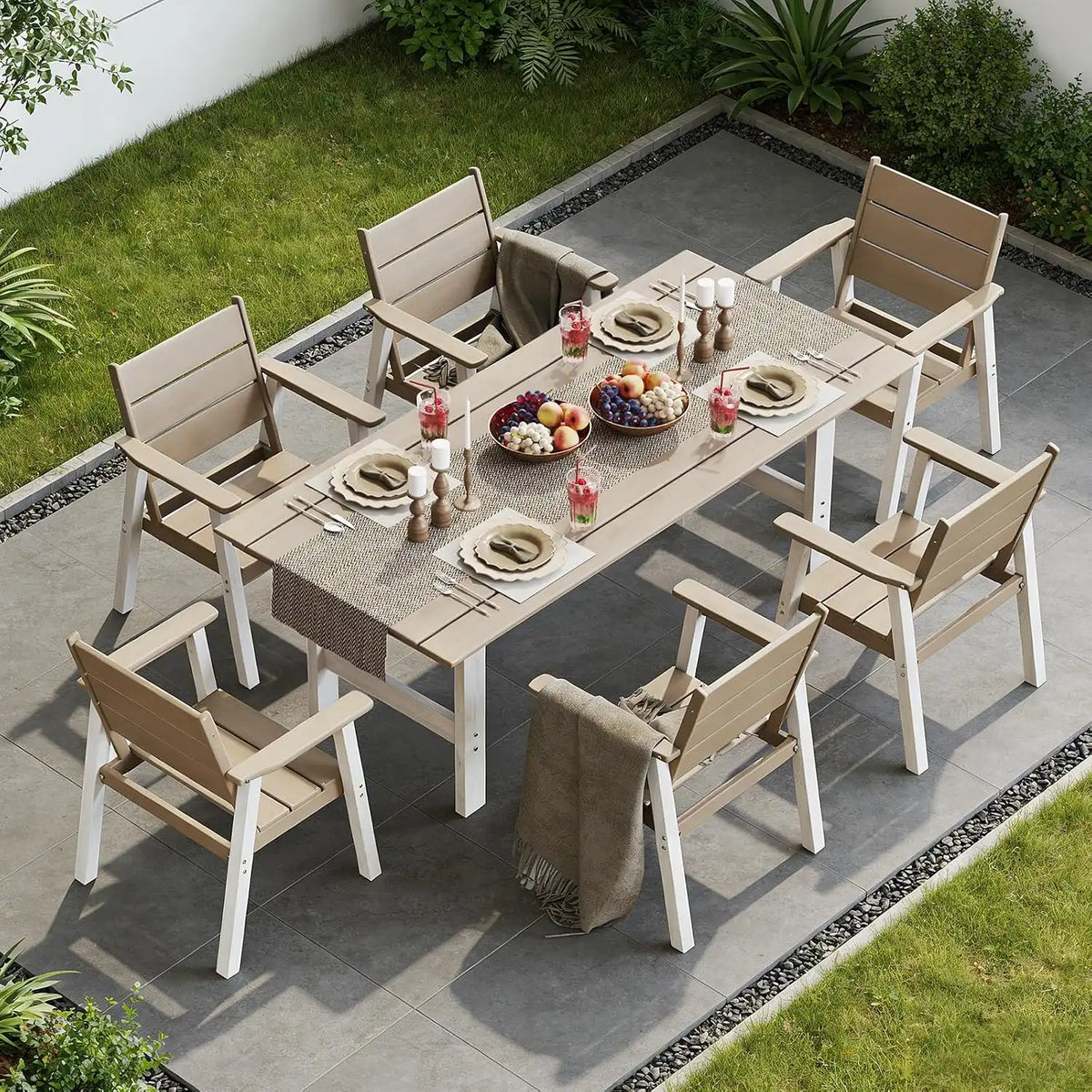 Outdoor Dining Chairs Set of 2,HDPE Patio Chairs with Wide Seat,Ergonomic Design Outdoor Furniture for Porch,Backyard,Deck,White Brown