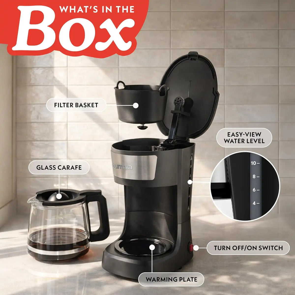 Gourmia Drip Coffee Maker - 12-Cup Capacity, Glass Carafe, Black