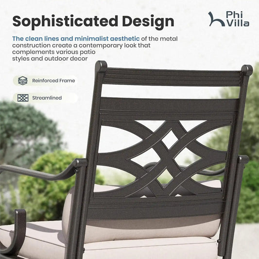 PHI VILLA Patio Dining Set, Swivel Chairs, Square Metal Table