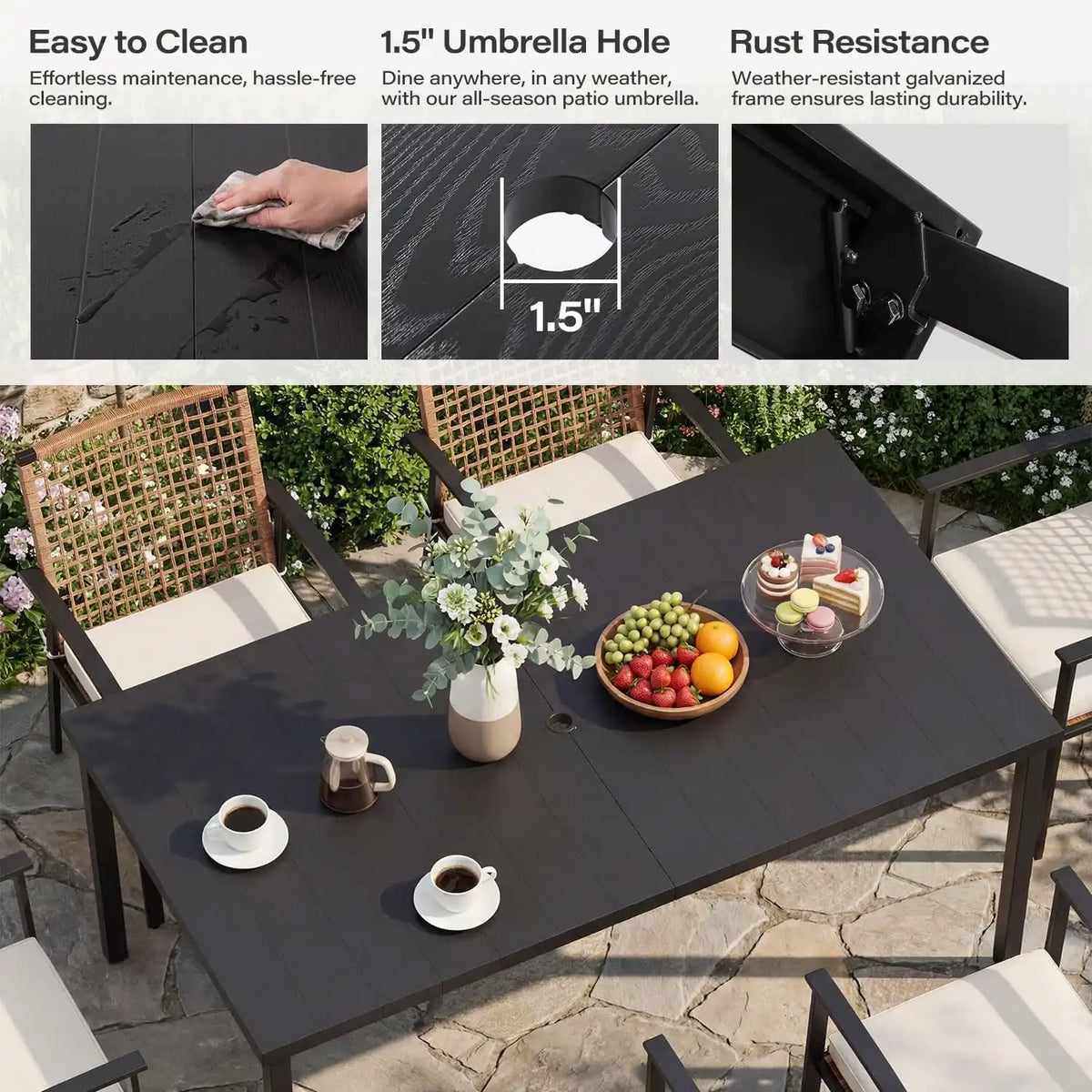LAUSAINT HOME 7 Pieces Patio Dining Set, Outdoor Furniture Set of 6 Wicker Chairs (2 of Them Swivel) with Soft Cushion and Iron Slats Table Top with Umbrella Hole, Conversation Set for Backyard